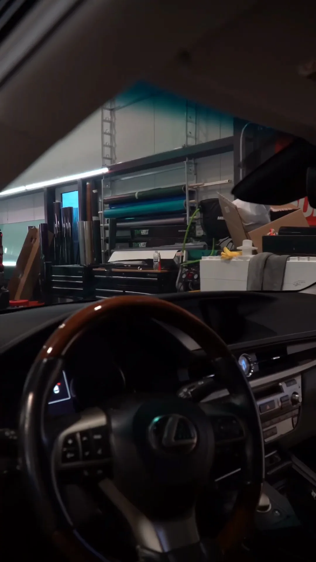 View from the driver’s seat through the windshield of a tinted car