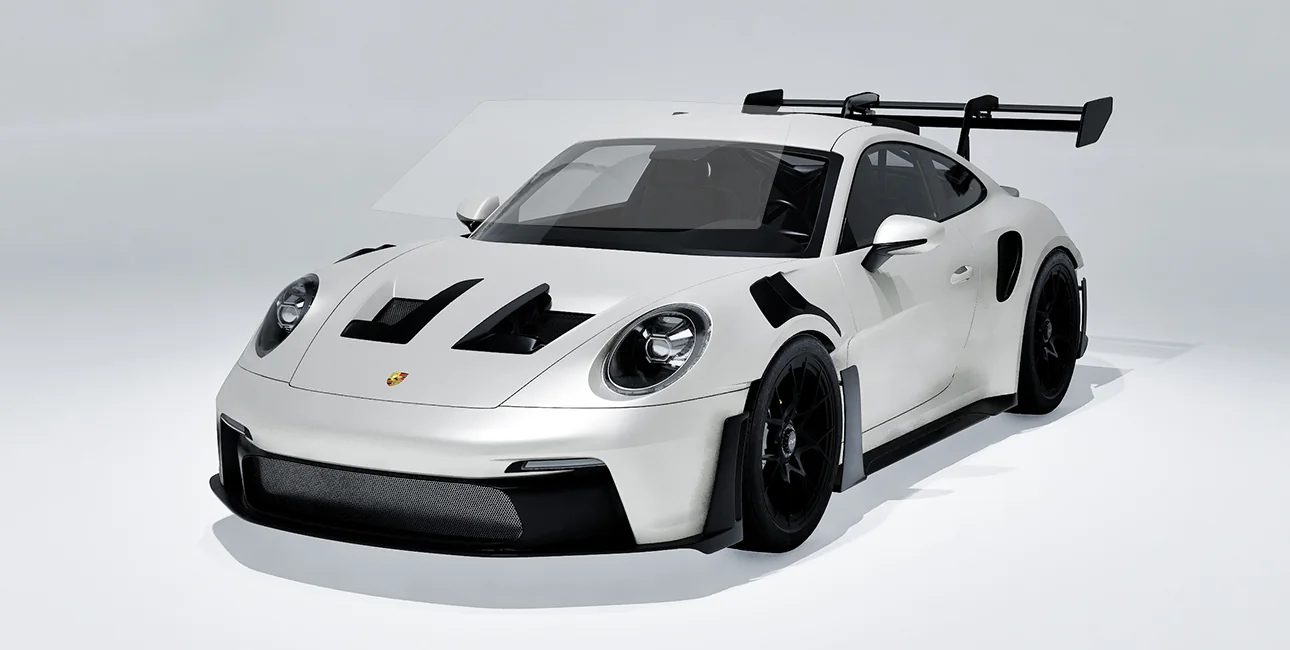 Studio render of a white Porsche 911 GT3 with a clear WinCrest EVO film sheet over the windshield